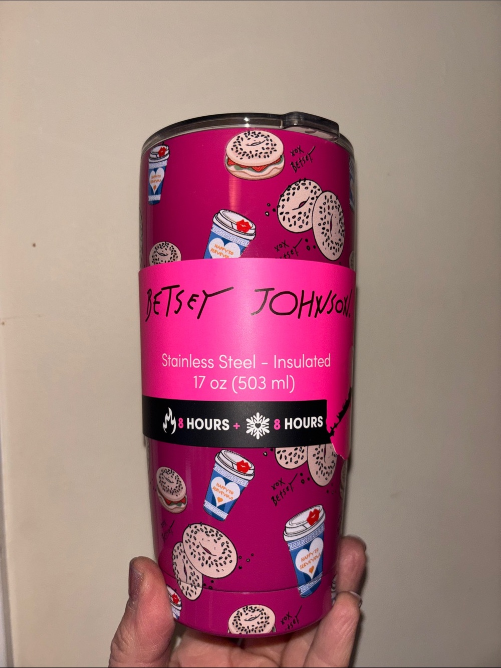 Betsey Johnson Hot Pink Donut & Coffee Tumbler